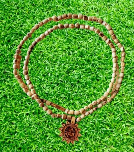 Tulsi Mala with Radha Name Pendant – Spiritual Wooden Necklace for Men