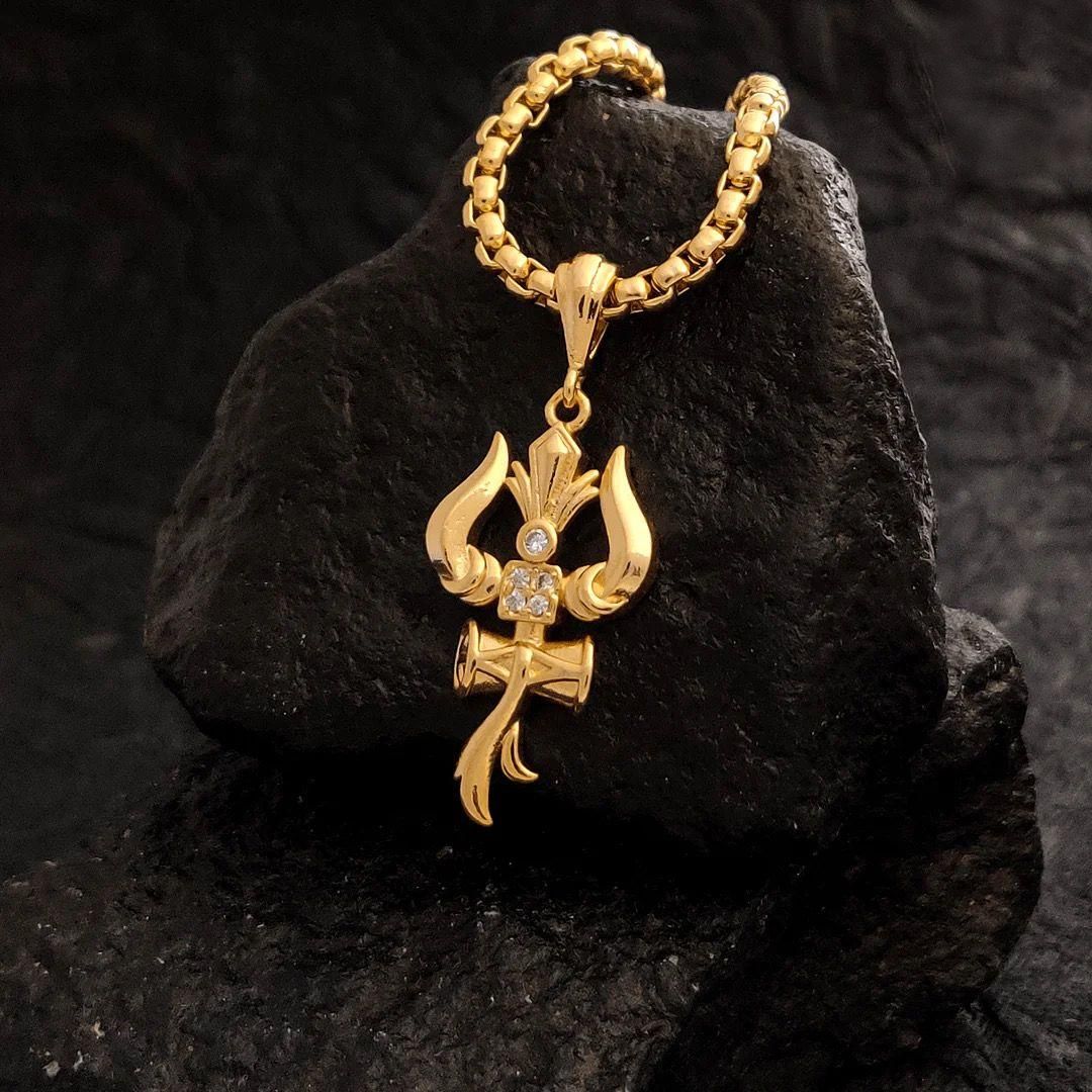 Gold-Plated Trishul Pendant with Chain – Symbol of Strength & Spirituality